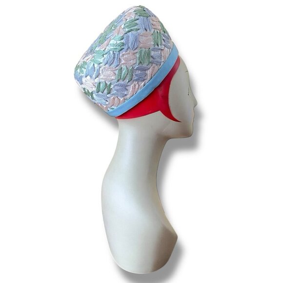 Vintage 1960s Womens Dress Hat Raffia Ribbon Woven Pastels Easter Wedding Derby - Picture 12 of 16